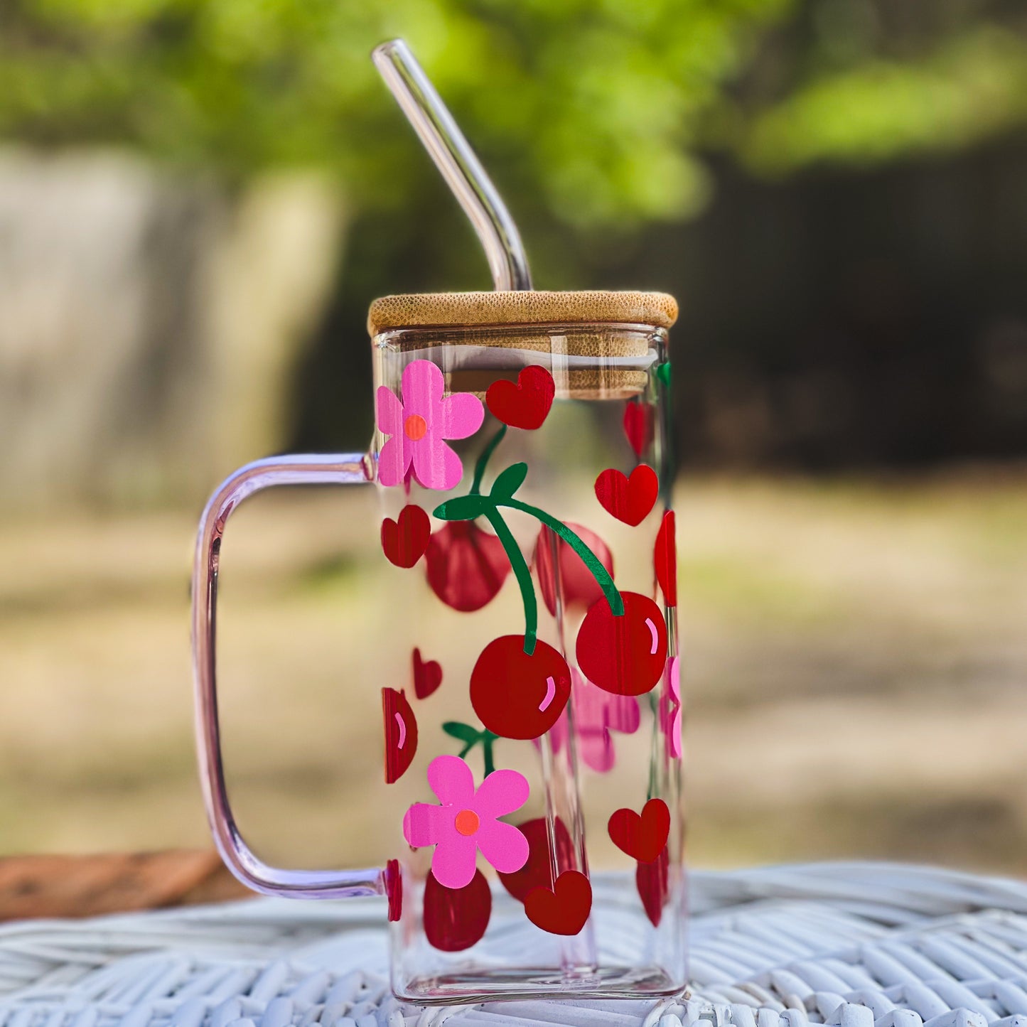 Cherries and flowers glass cup