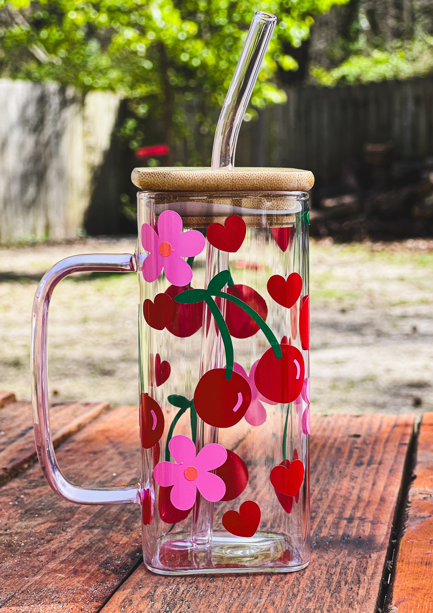 Cherries and flowers glass cup