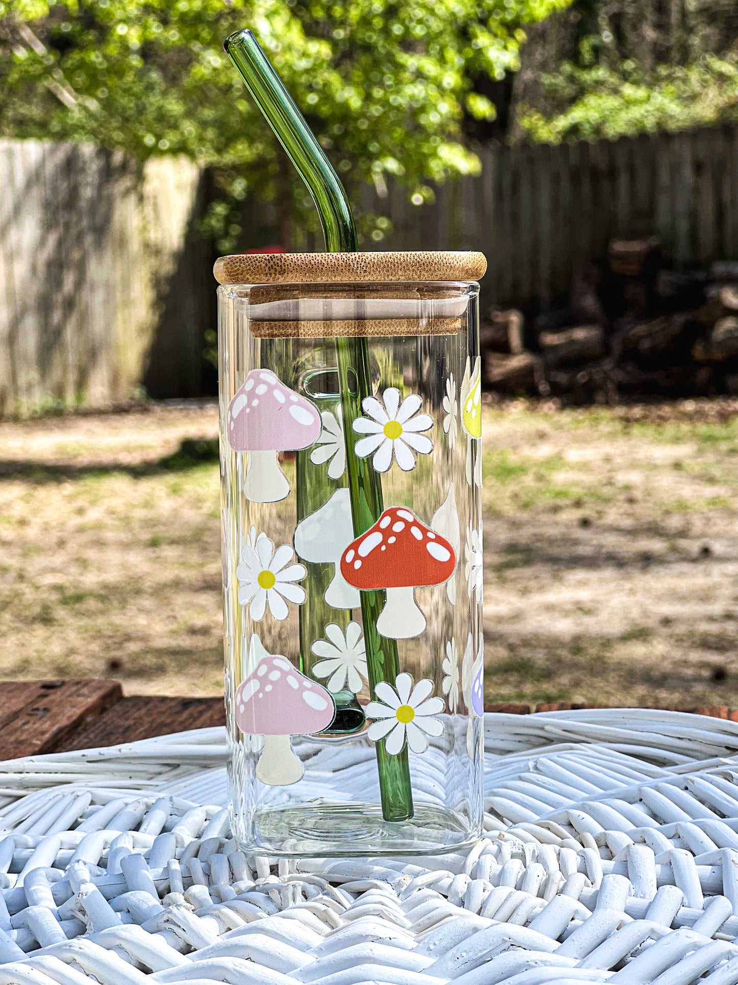 Mushrooms and Daisies glass cup