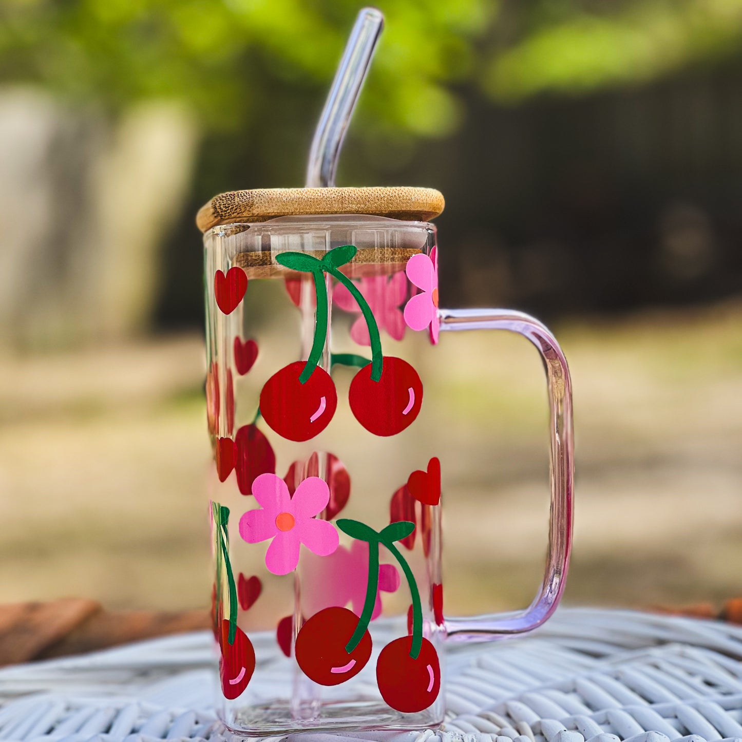 Cherries and flowers glass cup