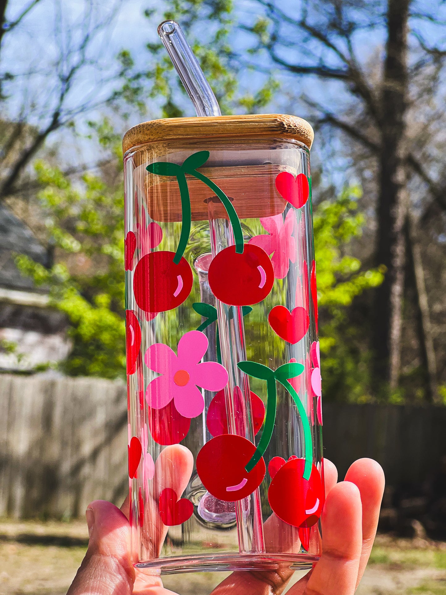 Cherries and flowers glass cup