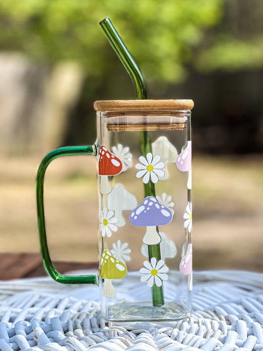 Mushrooms and Daisies glass cup