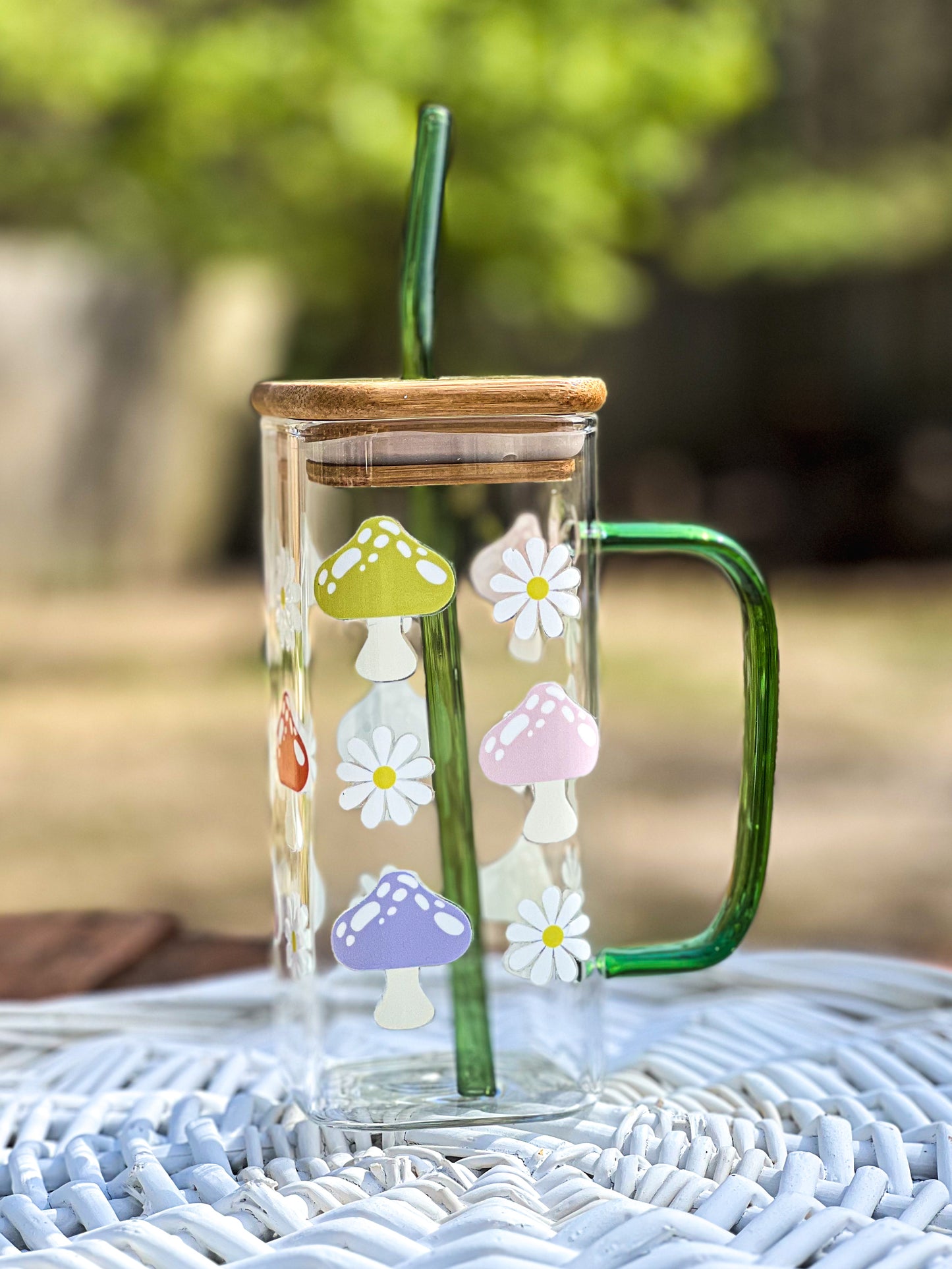 Mushrooms and Daisies glass cup