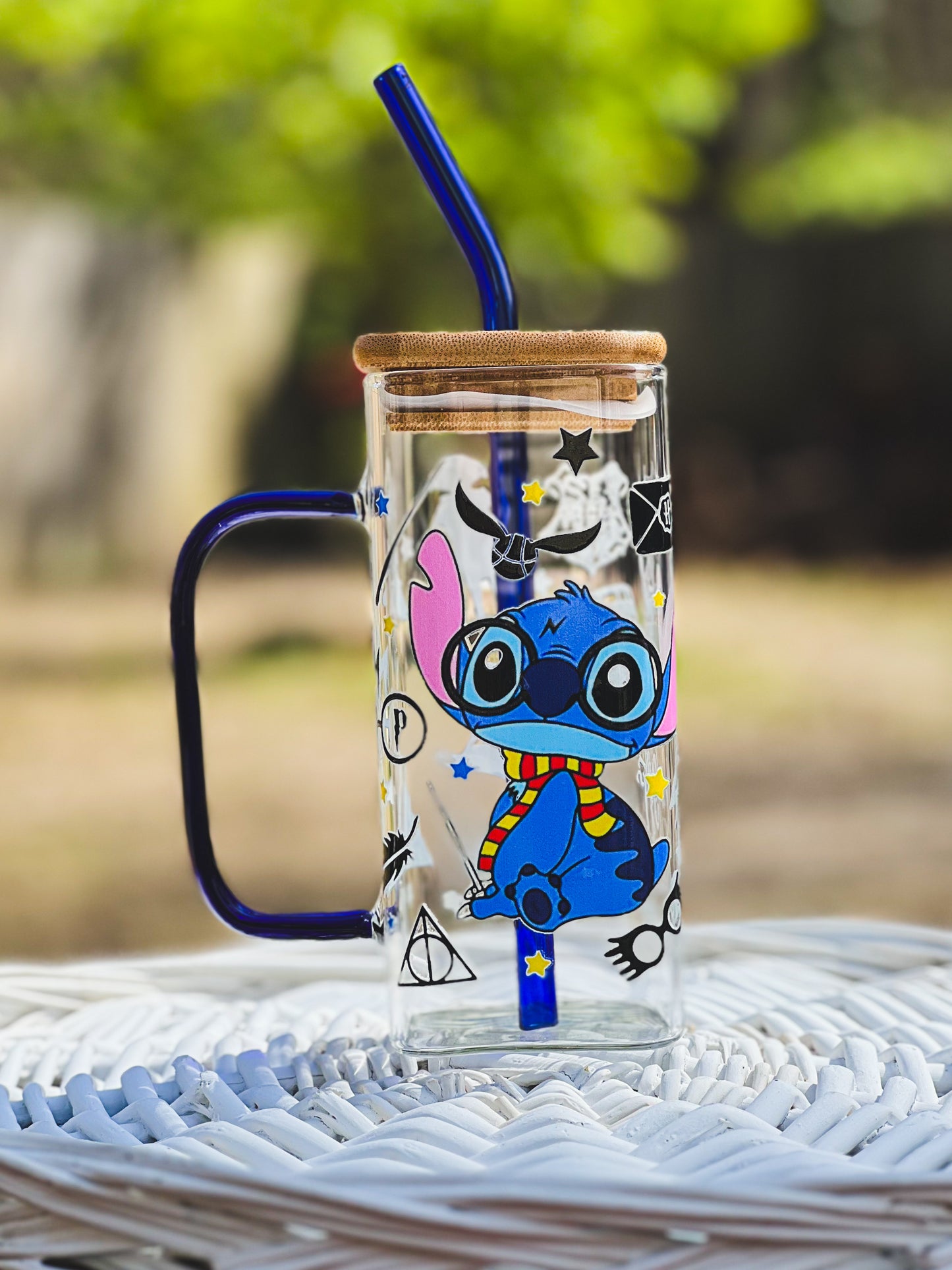 Cute Magic Stitch square glass cup