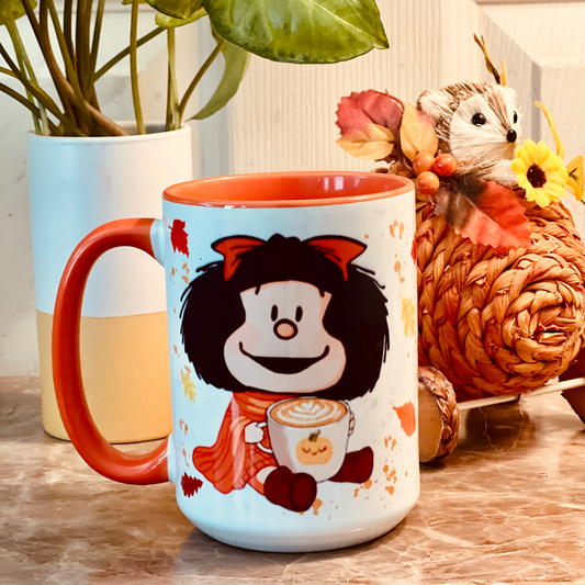 Felicidad es otoño y café Mafalda 15 oz mug